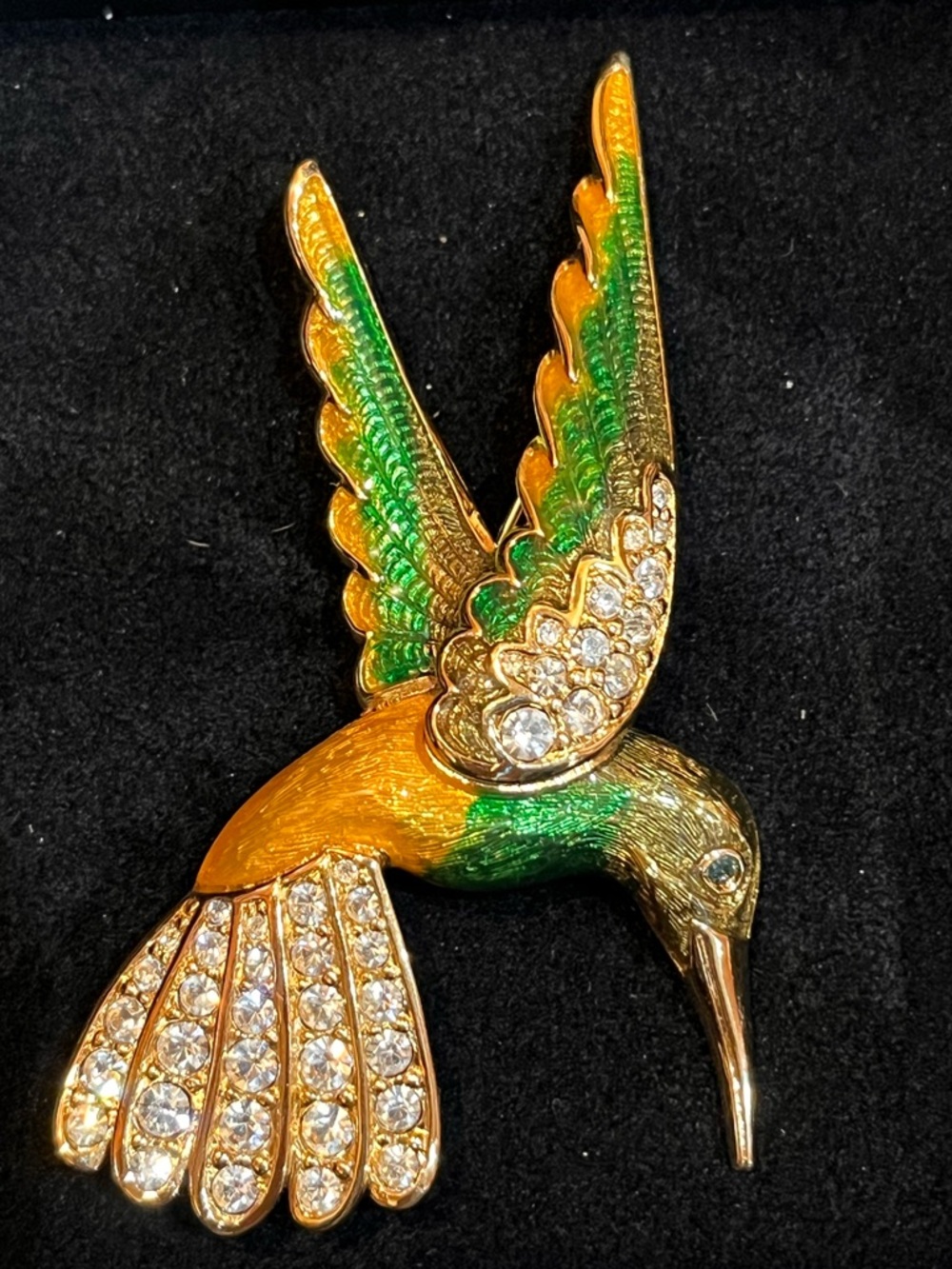 Swarovski Enamel Hummingbird Brooch - Pave Crystal Figural Bird Pin - Signed